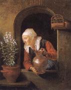 Old woman at her window,Watering flower, Gerard Dou